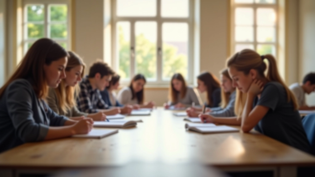 Grupo de estudantes portugueses a trabalhar juntos em materiais de preparação para exame de inglês