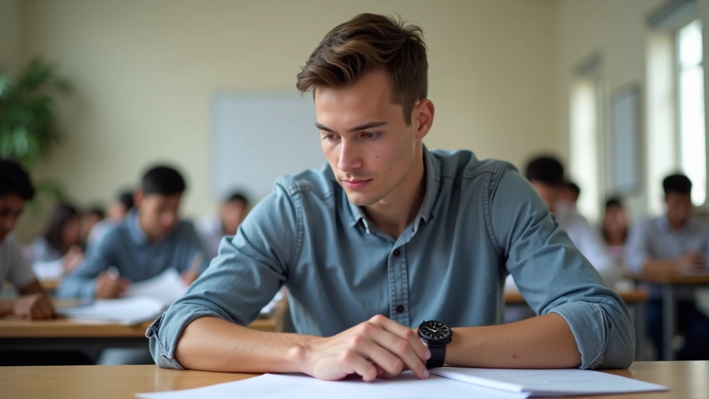 Pessoa a consultar relógio enquanto faz exame de inglês com tempo limitado