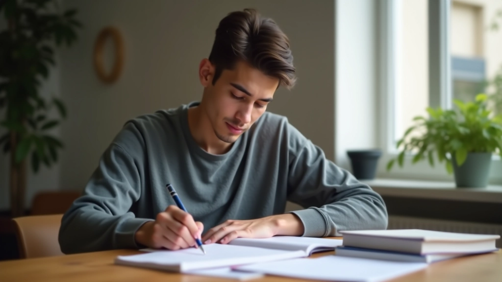 Estudante focado a estudar inglês com livros e notas de preparação para exame