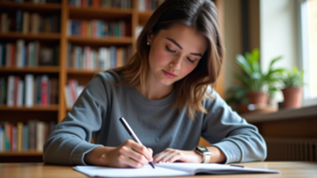 Estudante concentrada a fazer notas enquanto estuda inglês em biblioteca